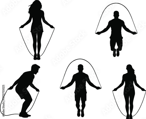 Set of jump rope silhouettes physical fitness exercise vector black and white on white background 