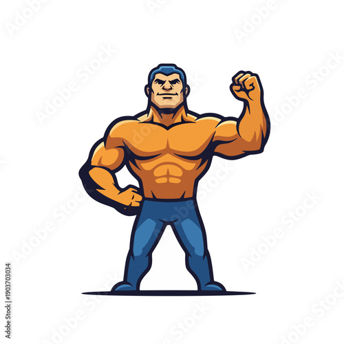 A muscular cartoon man flexing his bicep in a powerful pose standing confidently isolated on a simple setting from a front viewpoint