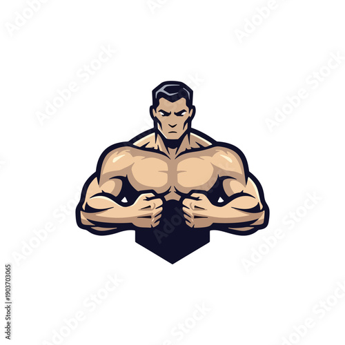 Strong muscular man with flexed arms, black hair, graphic illustration, s57.eps, bold lines, isolated on a simple background, vector art style
