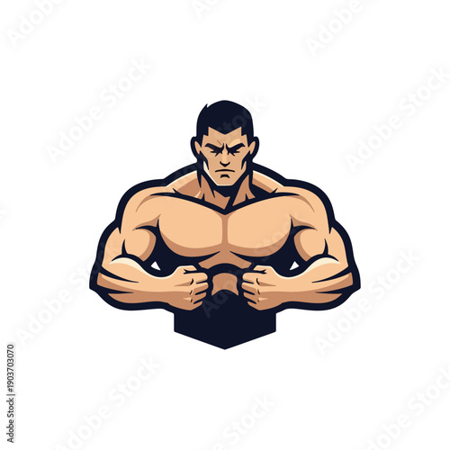 Illustration of muscular man flexing arms and chest from front view showcasing strength and power in a graphic style s52.eps