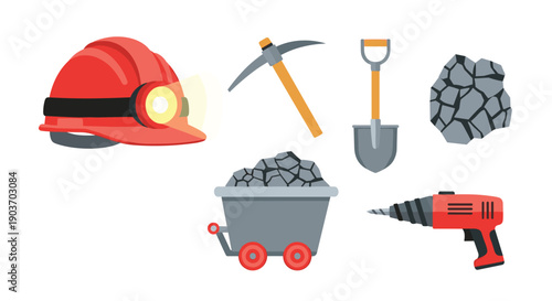 Set of Mining Industry Equipment Icons Including Hard Hat Pickaxe Shovel Coal and Drill