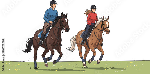 Couple horseback riding together outdoors, man and woman wearing helmets, equestrian activity, countryside adventure, sport, leisure lifestyle, rural nature scene