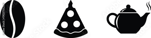 Minimalist black and white vector icons of a coffee bean, pizza slice, and hot teapot isolated on white background.