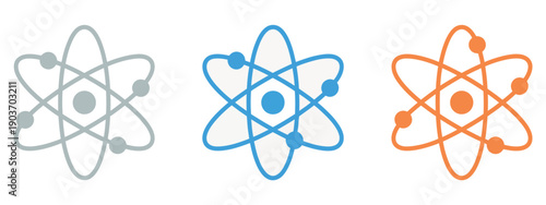 Atom icons representing science and technology concepts, featuring bright atomic symbols for physics, chemistry, education, research, innovation graphics, and digital illustration applications.
