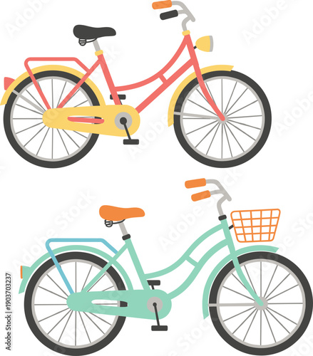 Vintage city commuter bicycle set featuring coral red bike with headlight and seafoam green cruiser with basket,