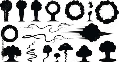 Explosive smoke cartoon clouds. Manga dark smoke puffs and swirling cloud vector set (1)