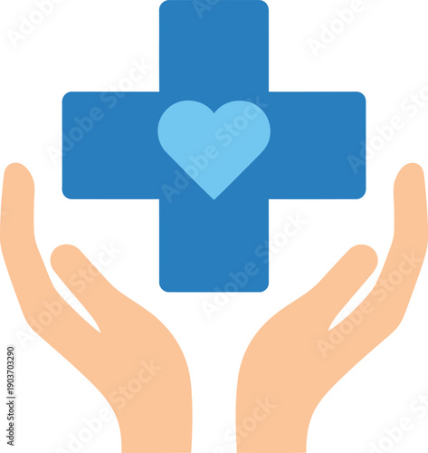 Hands holding a blue medical cross with a heart symbol, representing healthcare and support, viewed from a straightforward perspective