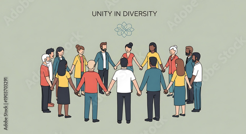 Diverse group of people holding hands in unity and solidarity on a muted green background with a symbol of interconnectedness gender equality