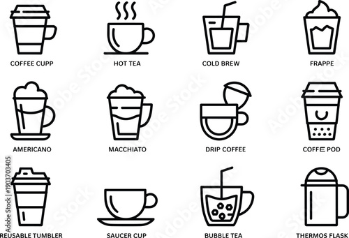 Line art icons representing various coffee drinks and beverages for menu design