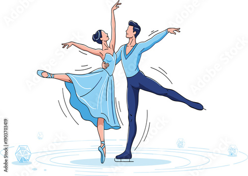 Couple performing ice dance routine, elegant skating performance, artistic movement, winter sport, graceful dancers, frozen stage, synchronized balance, figure skating show