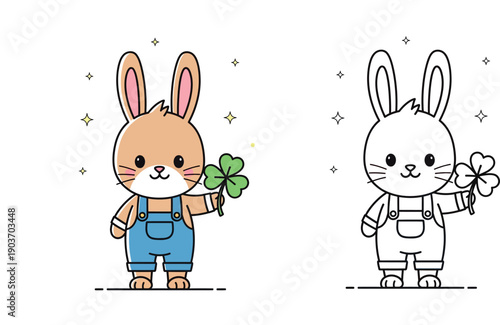 Cute cartoon rabbit character in blue overalls holding lucky four leaf clover shamrock vector illustration for St Patrick Day