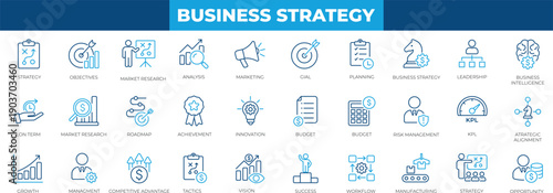 Business strategy line icon set. strategic planning, management, contract, graph, innovation, marketing, analysis, corporate growth, vision, roadmap. professional vector icons kit.