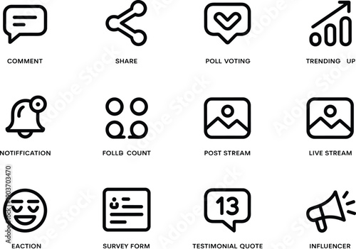 Social media marketing icon collection with comment share poll voting trending notification follower count live stream