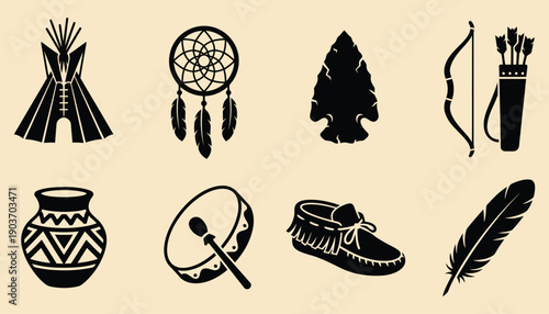 Native American Cultural Icons Set Tipi, Dreamcatcher, Bow, and Moccasins
