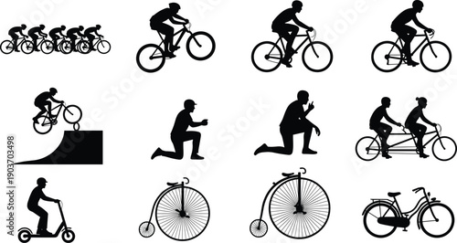 Collection of black bicycle and scooter silhouettes including racing cyclists tandem bike penny farthing and B M X rider