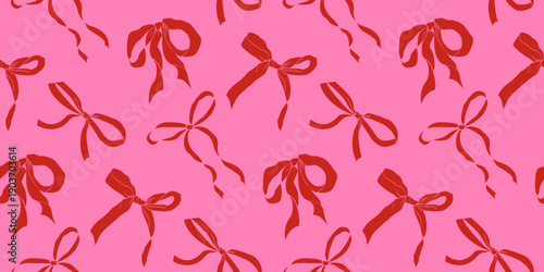 eamless romantic pattern featuring red ribbon bows on pink background. Cute feminine vector illustration ideal for gift wrap, packaging design, fabric print, greeting cards, wallpapers, seasonal decor