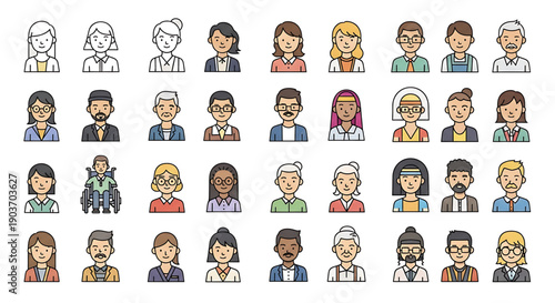 Diverse group of cartoon people icons in various professions and ethnicities on gender equality