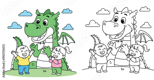 Cute friendly green dragon character playing with two happy children boy and girl vector illustration suitable for fairy tale or nursery