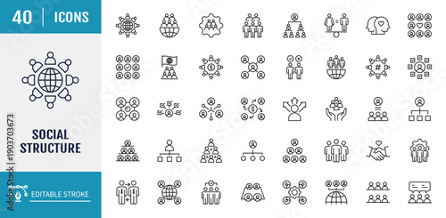 	
Social Structure icon set. Includes Family, Institution, Economy, Interaction, Group, Social Norms, Religion, Relations, and more. Outline Icon Set. Vector Illustration with Editable Strokes
