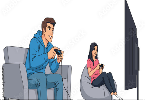Couple playing video games at home, man and woman gaming together, leisure activity, entertainment lifestyle, console gaming fun, modern technology enjoyment