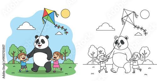 Happy cartoon panda character flying a colorful kite with two little girls in the park sunny summer day vector illustration
