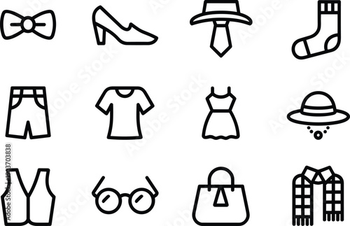 Comprehensive wardrobe icon collection with various clothing pieces accessories and footwear for styling resources