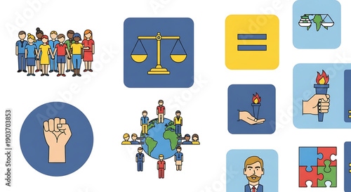 A collection of colorful icons representing justice, equality, and human rights on a gender equality