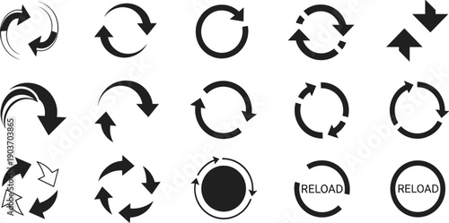 Collection of black circular and directional arrow representing refresh reload and cycle