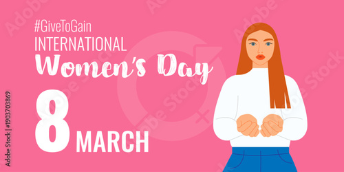 International Women’s Day March 8 vector banner featuring woman illustration, modern typography and pink background. Suitable for holiday promotions, advertising, social media templates, web design.