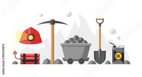 Collection of Mining Tools and Equipment Featuring Dynamite Pickaxe Shovel and Oil Barrel Illustration