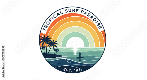 Tropical Surf Paradise Sunset Beach Scene with Surfer.