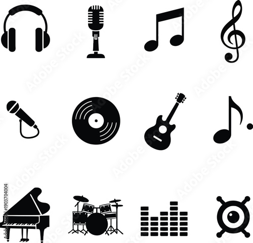  silhouette music icon instrument and all the basic instrument for a singer