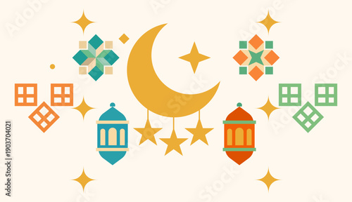 Abstract minimalist flat vector illustration of unique Eid decorations combining Islamic geometric patterns