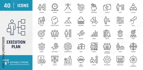Execution plan icon set. Outline icon set. Vector Illustration with Editable Strokes