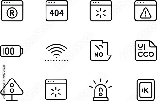 Set of 12 ui related vector line icons. contains such icons as registered, error, signal, battery, alert