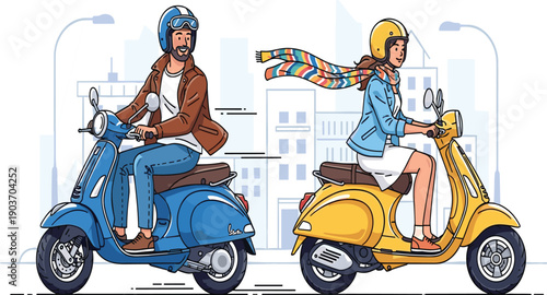 Couple riding scooters in city street, man on blue scooter, woman on yellow scooter, urban lifestyle, travel, freedom, adventure