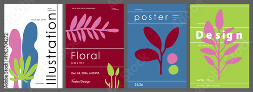 Set of modern abstract floral posters with minimalist botanical elements and bold color blocks. Contemporary graphic design with stylized leaves and organic shapes in trendy palette. 