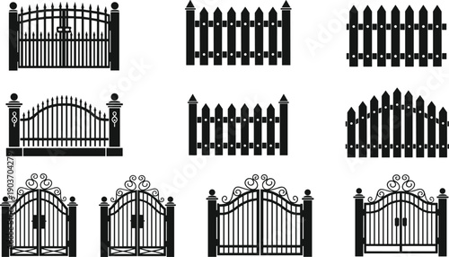 Fence silhouette illustration, gate design, wrought iron style, property boundary, decorative posts, architectural element, security barrier, black vector art drawing