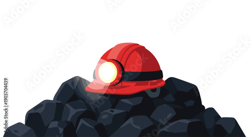 Red Miner Hard Hat with Glowing Headlamp Resting on a Large Pile of Coal Rocks