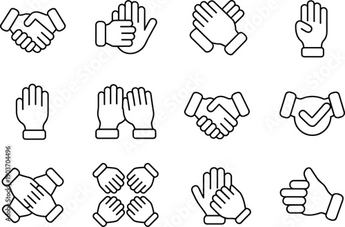 Unity and collaboration hand gestures line icons depicting community support and team celebration with high five sign