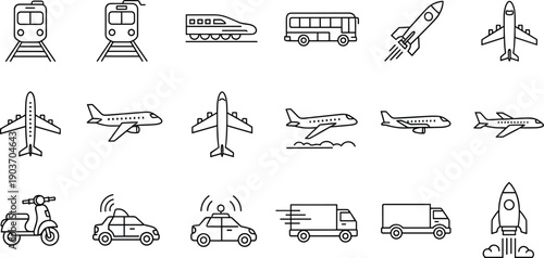 Collection of black outline transportation on white background train subway bullet train