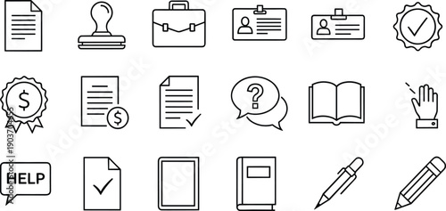 Collection of black outline representing documents stamps badges briefcase question marks books and writing tools on white background