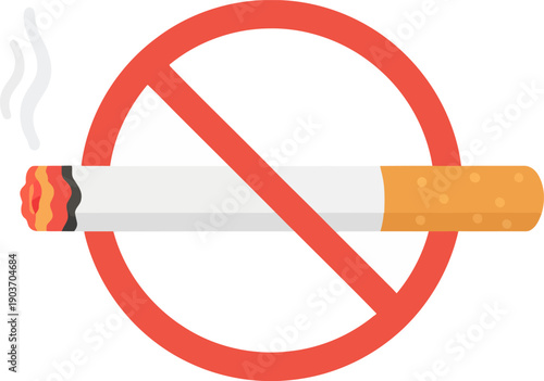 Cigarette Prohibited Sign with Lit Cigarette Inside Red Prohibition Circle, Illustration, Health Warning, Symbolic Representation
