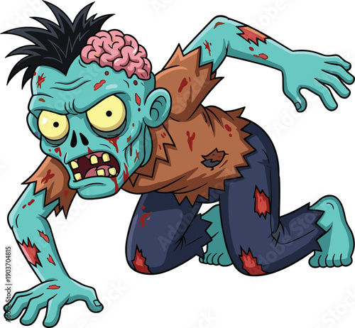 Creepy cartoon zombie crawling with exposed brain – scary and funny blue undead character in tattered clothes, perfect for horror or Halloween themes