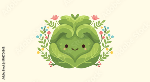 Cheerful Green Vegetable Smiling Amid Floral Wreath in Bright Yellow Studio Illustration Viewed Frontally