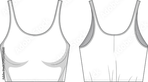 Crop tank top flat sketch, sleeveless fitted design, scoop neckline, stretch fabric, front and back views, fashion CAD template