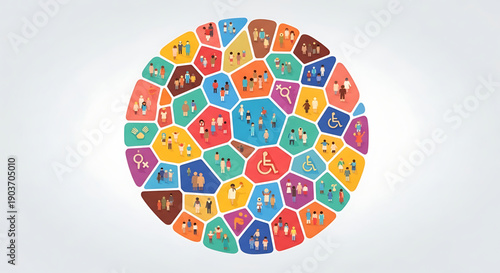 A colorful mosaic circle composed of various disability and accessibility symbols on a light gray background gender equality