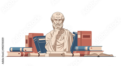 Classical Greek Philosopher Bust Surrounded by Stacks of Old Books and Parchment Scrolls