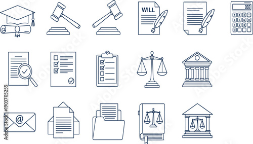 Collection of legal and educational with scales of justice gavel and graduation cap