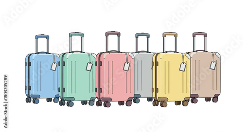 Row of Colorful Hard Shell Suitcases with Luggage Tags for Travel and Tourism Illustration